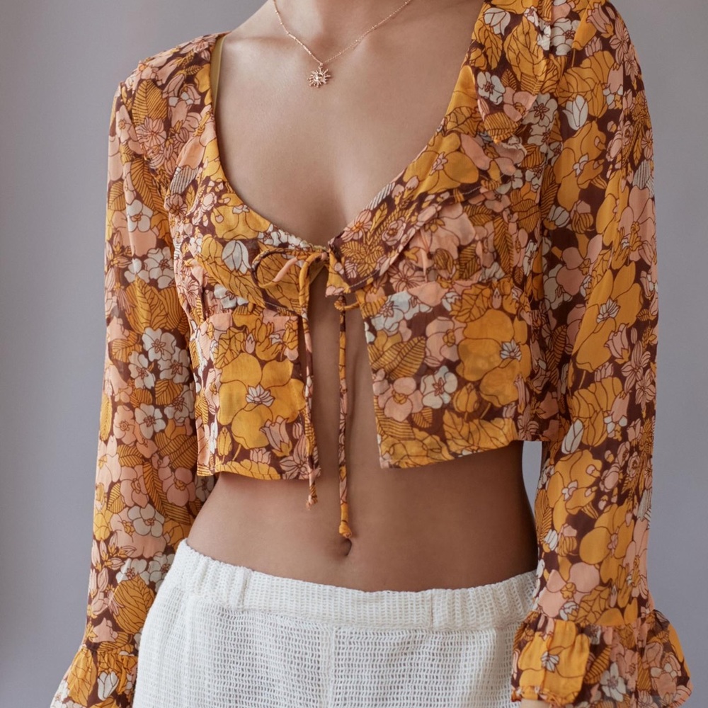 Urban Outfitters Juliet Floral Tie Front Top in Yellow/Orange